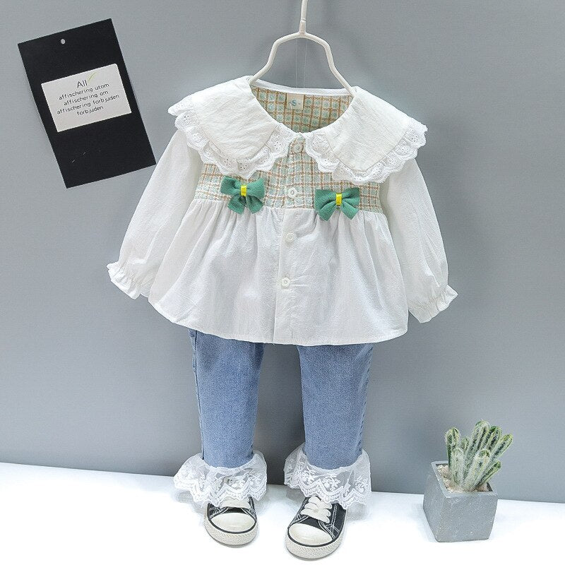 Baby Girl Outfit Fold Collar Rabbit Long Sleeve Bib Trousers Girls Suit - BTGO8402