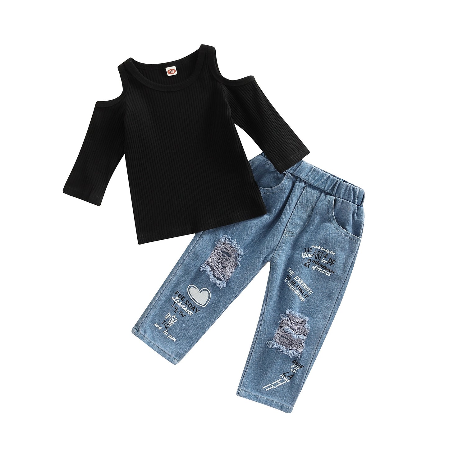 Baby&Toddler Girls' Solid Color Off Shoulder Ribbed Shirt Top+Printed Denim Trousers 2Pcs Clothes Suit - BTGO8386