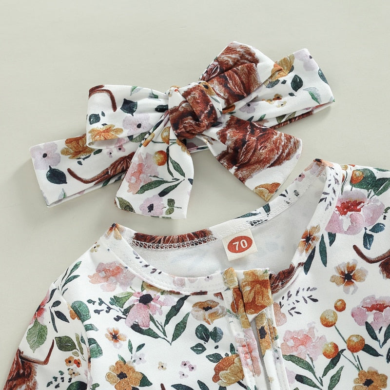 Autumn Toddler Baby Romper And Headband Infant Girls Long Sleeve Floral/Cattle Print Zipper Jumpsuit - BTGR8455