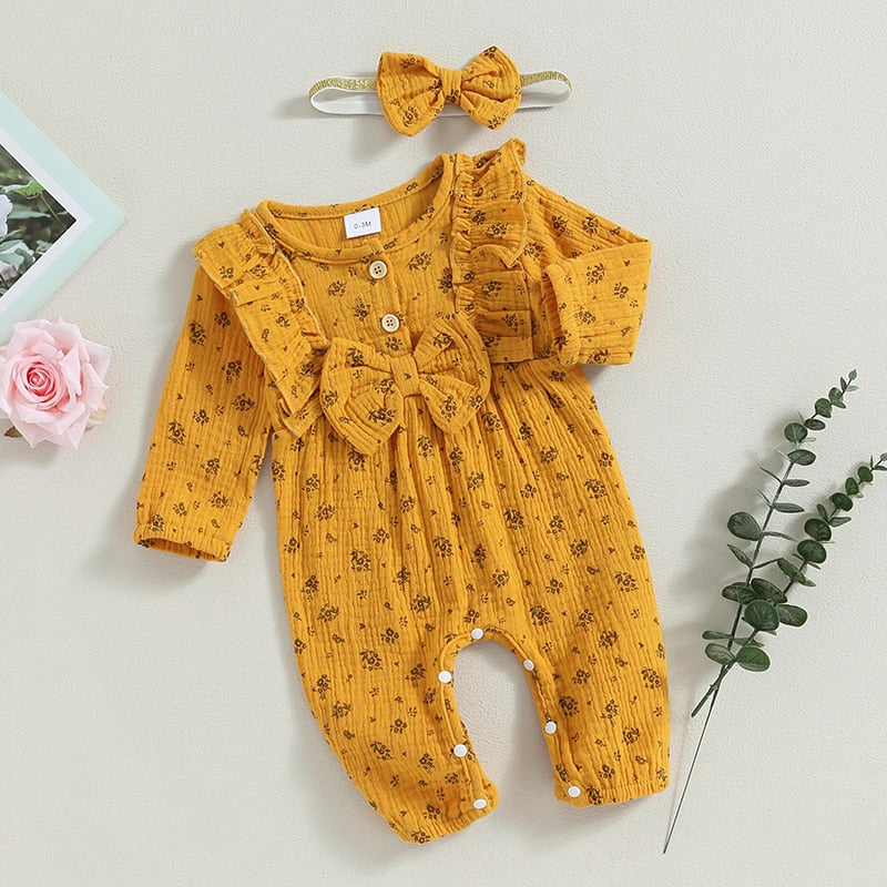 Baby Girls Fall Romper Outfits Cute Floral Ruffle Long Sleeves Jumpsuit - BTGR8433