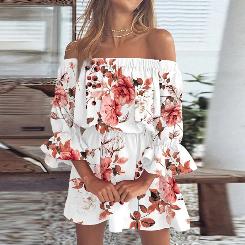 Women Summer Half Sleeves A-line Dress Casual Print Fashion Off-shoulder Short Dress - WD8246