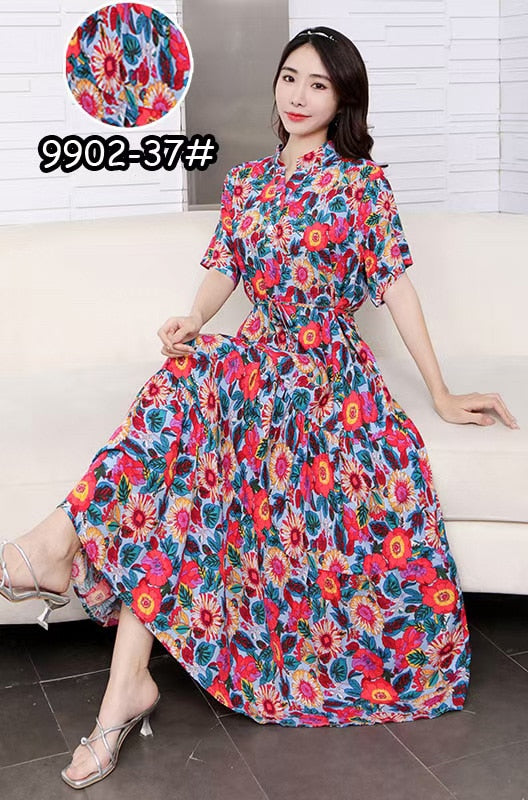 Women Robe Maxi Long Dress Summer Clothes Bohemian Cotton Line Floral Short Sleeve Dress - WD8077