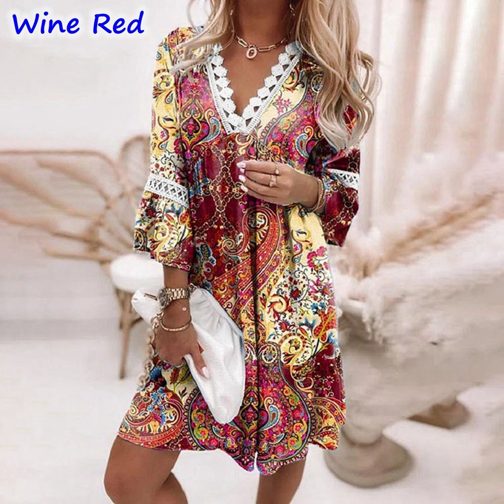Women Fashion Printed V-neck Long Sleeve Floral Lace Skirt Dress - WD8084