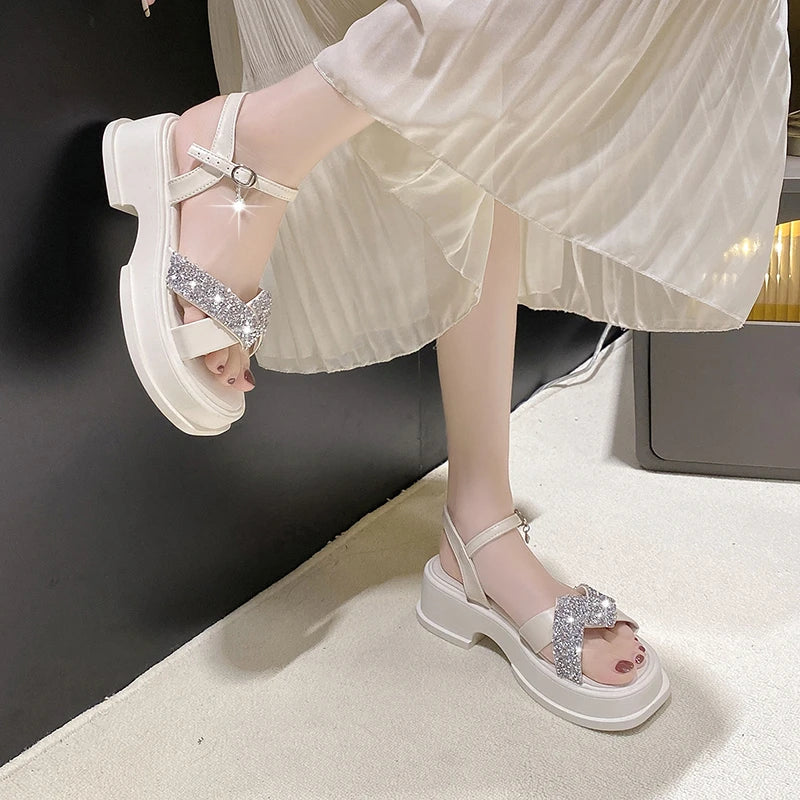 Women Crystal Platform Sandals Ankle Buckle Thick Bottom Sandles