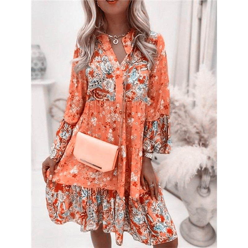Women Summer Puff Sleeve V Neck Printing Long Dress Loose Casual Floral Dress - WD8001