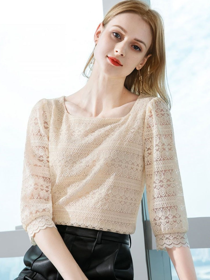 Women Sweet Elegant Casual Lace Summer Autumn Hollow-out Blouses - WSB8521