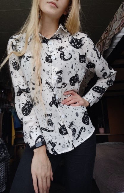 Women Autumn Spring Shirts Black White Cartoon Cat Print Blouses - WSB8551