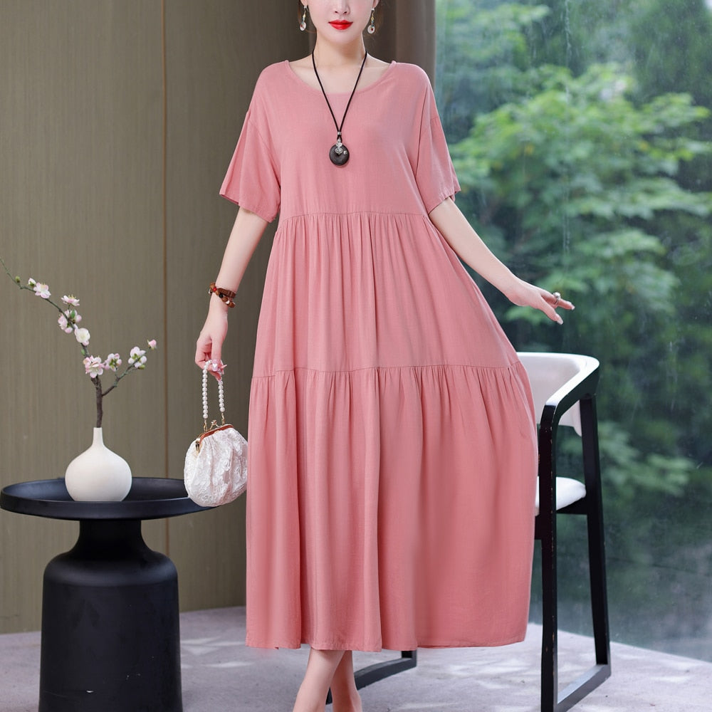 Women Causal Summer Dress Loose Solid Long O-neck Vintage Short Sleeve Dress - WD8065