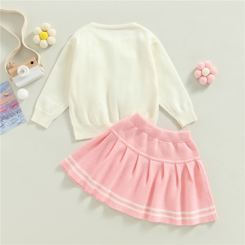 Toddler Girls Autumn Winter  Clothes Baby Long Sleeve Bow Front Knit Pullover Tops Pleated Skirt Sets - BTGO8378