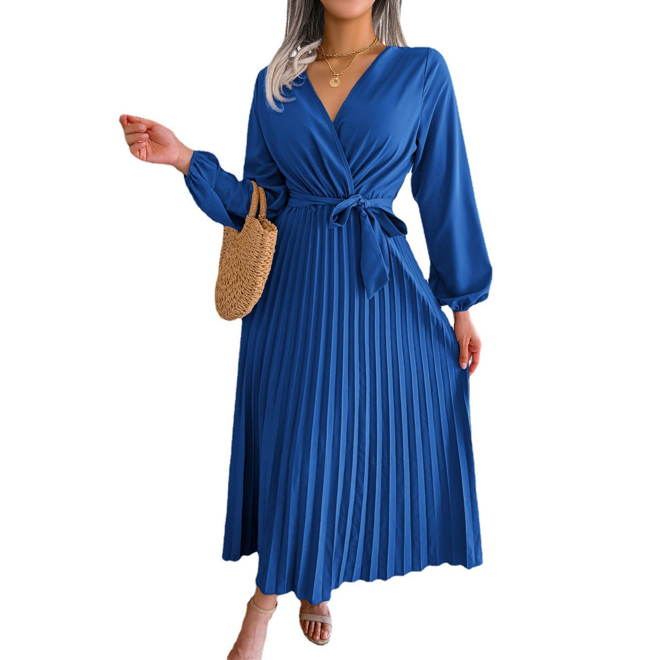 Women Spring Summer Temperament Cross Solid Color V Neck Large Pleated Long Dress - WD8020