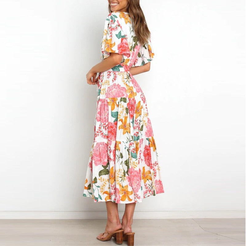 Women New V Neck Printed Maxi Dress Fashion Short Sleeve Lace-up High Waist Summer Dress - WD8231