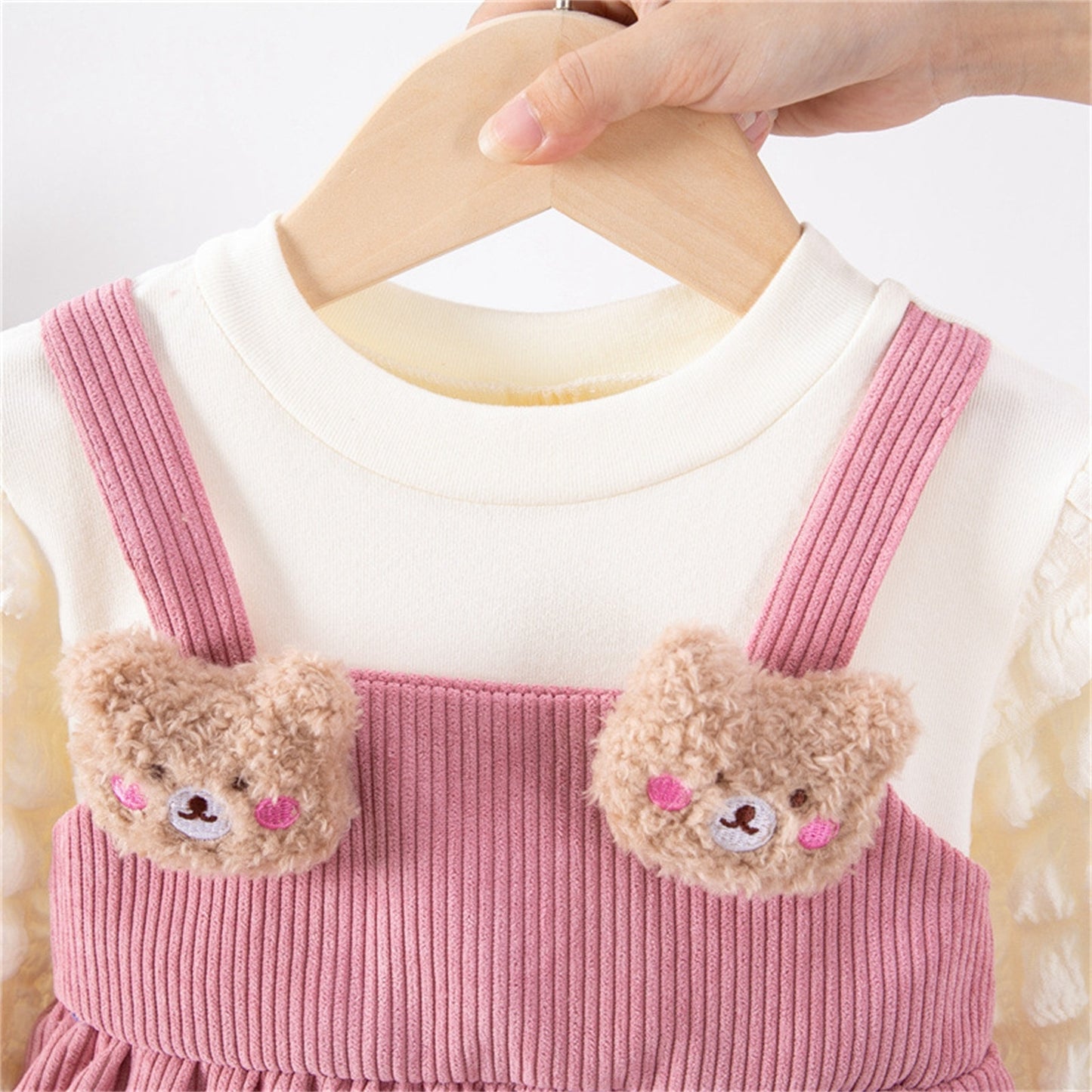 Toddler Kids Dress Baby Girls Winter Long Sleeve Soild Patchwork 3D Cute Bear Casual Princess Dress - BTGD8496