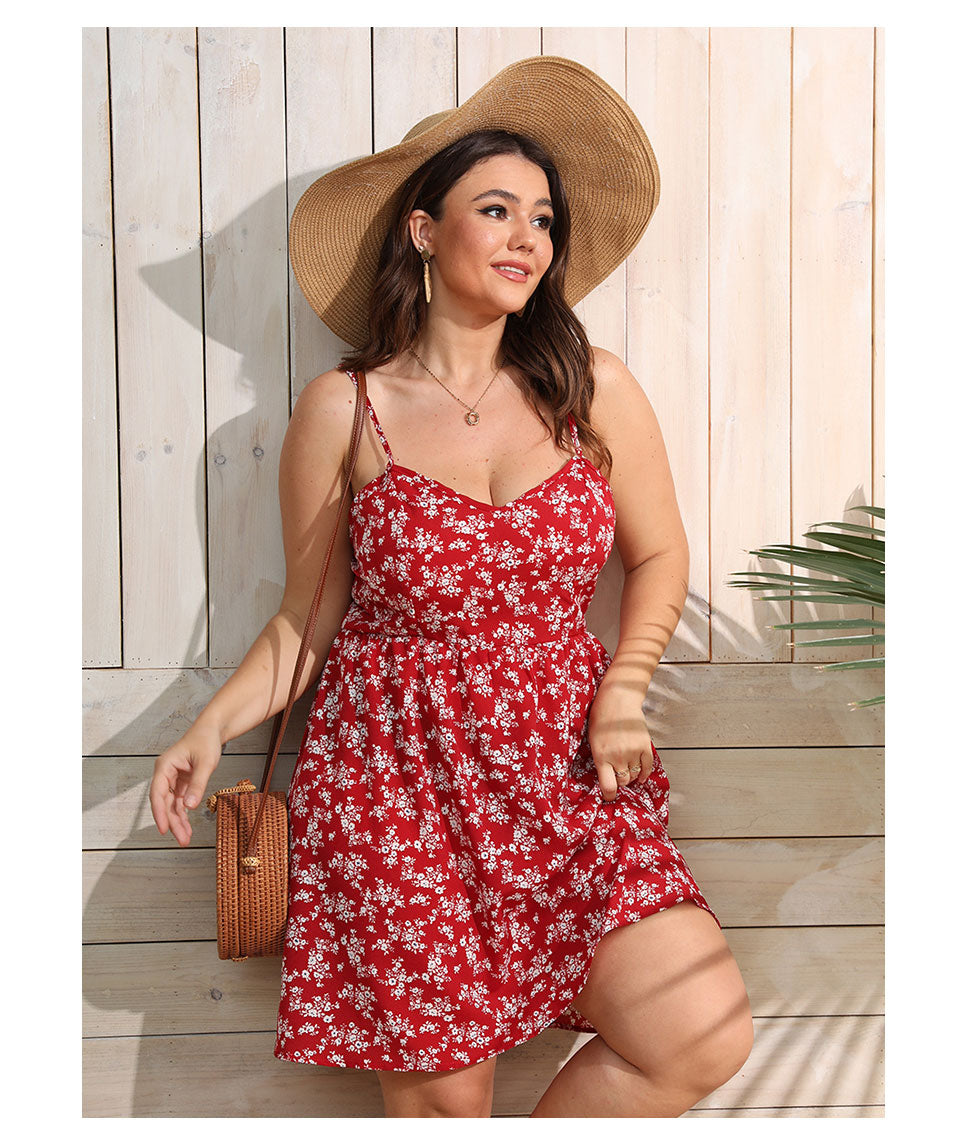 Women Plus Size Summer Ditsy Floral Print Party Dresses Fashion Sleeveless Suspenders WD8166