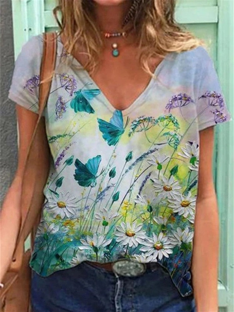 Women Summer graphic t shirts Print V-Neck Short Sleeve Pullover Flower Blouse - WSB8531