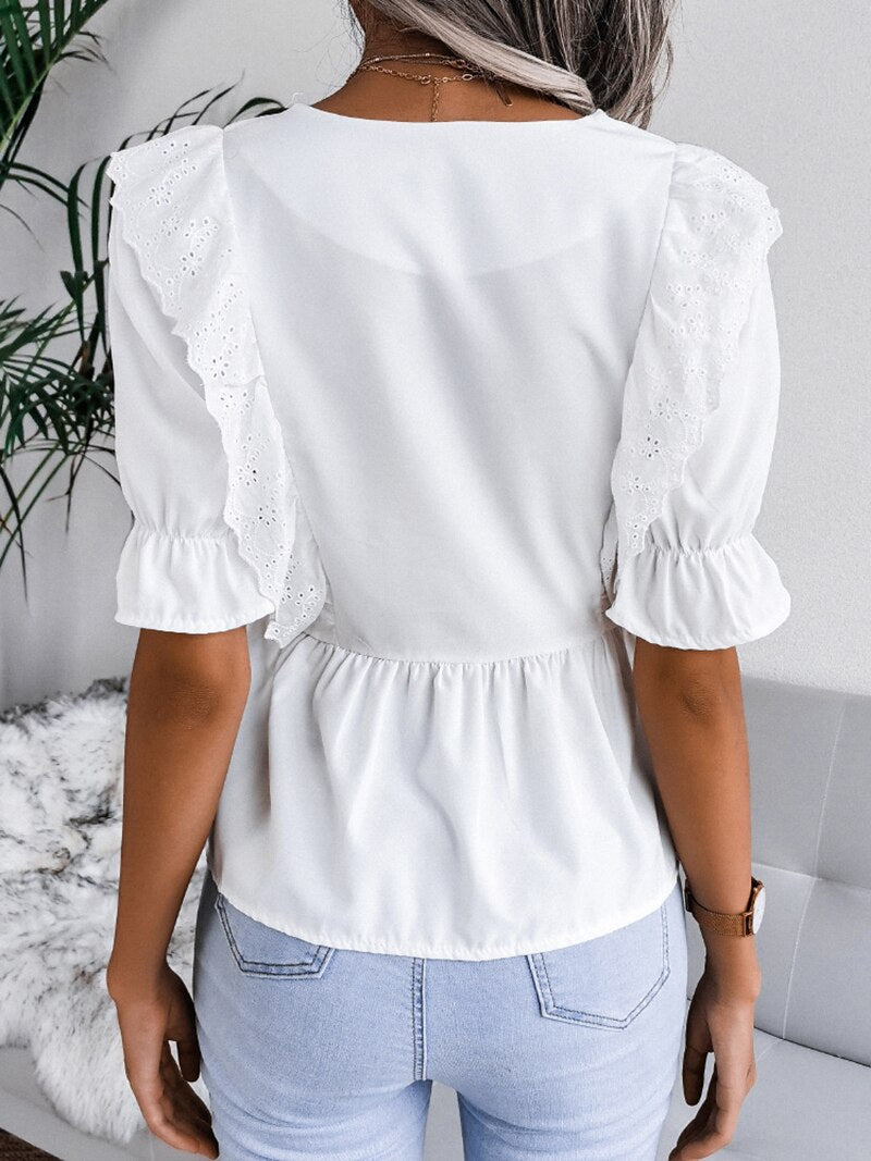 Women V Neck Blouses Summer Solid Color Short Flare Sleeves New Fashion Shirts Casual Tops - WSB8278