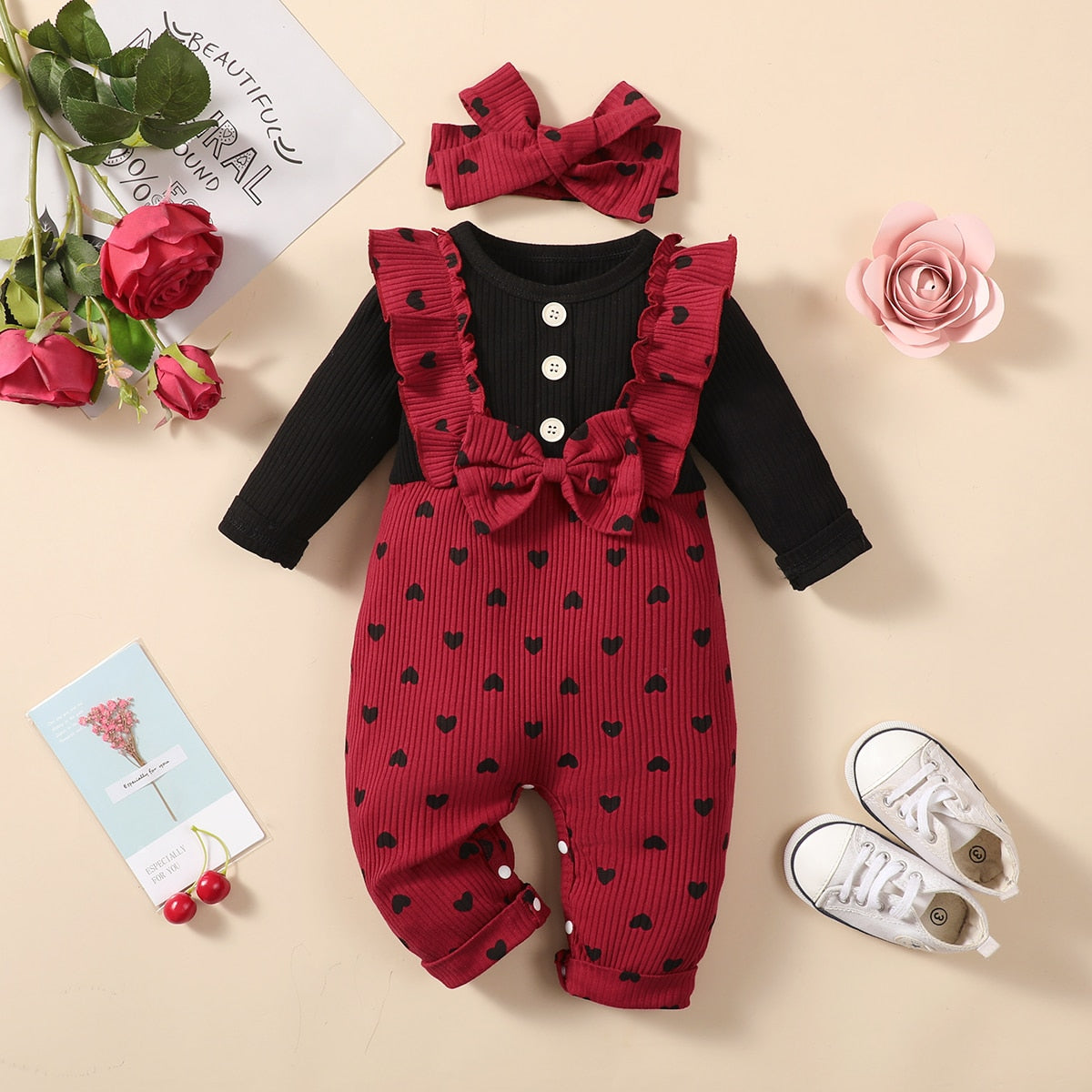 Baby Girls Romper Bow Fashion Cotton Long Sleeves Printed Jumpsuit