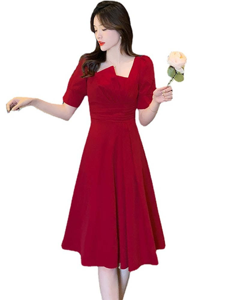 Women Short Sleeve Asymmetrical Collar Wedding Dress Women Red Luxury Chic Prom Midi Dress - WD8106