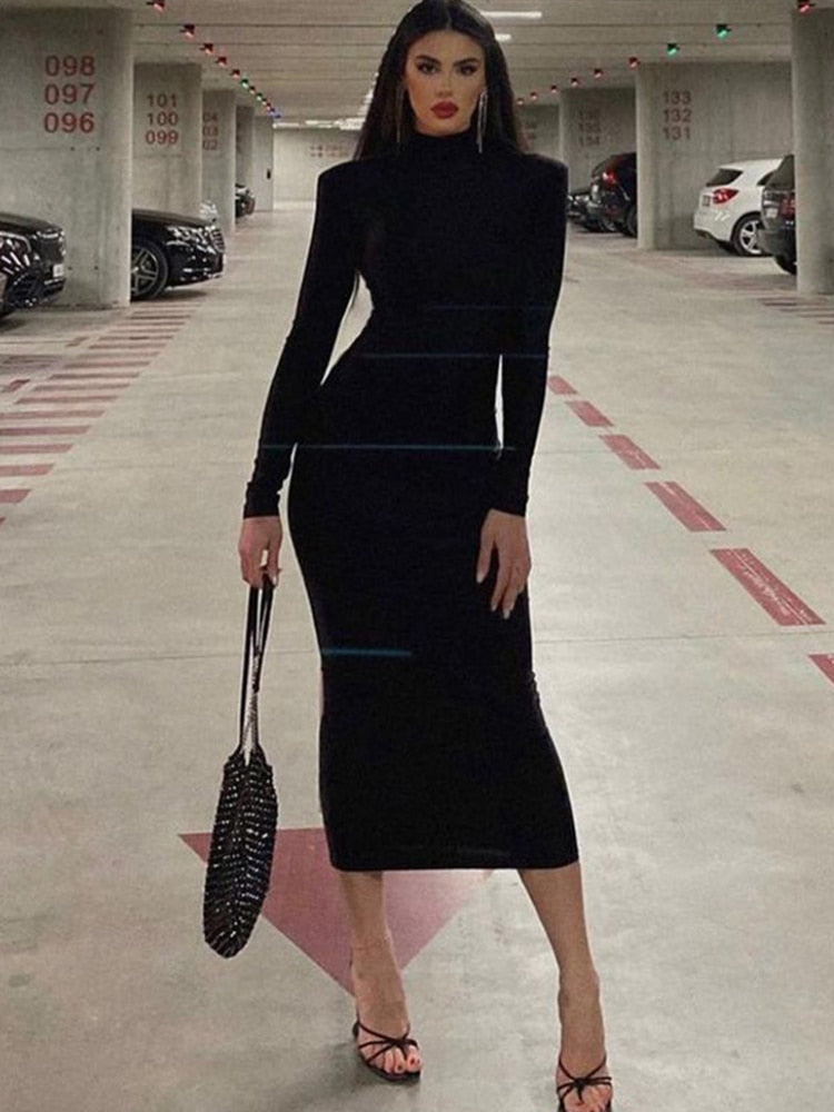 Women Turtleneck Black Bodycon Maxi Dress Winter Casual Streetwear Costume Casual Going Out Dress - WD8152