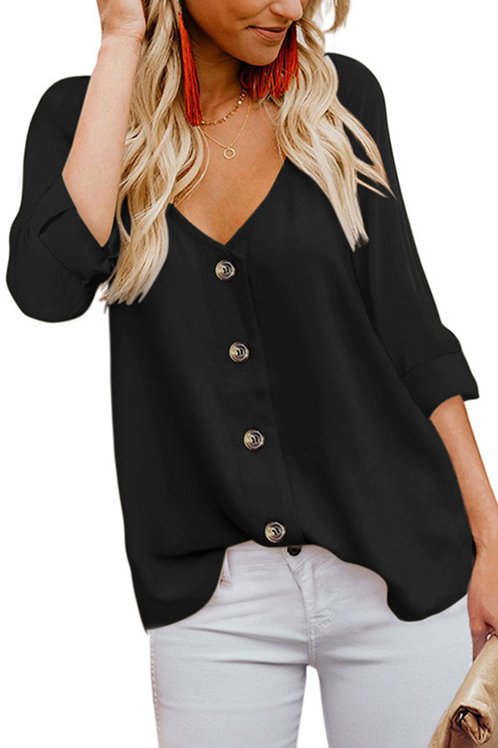 Women Comfortable Button Closure V-Neck Style Folded Sleeve Shirt - WSB82198