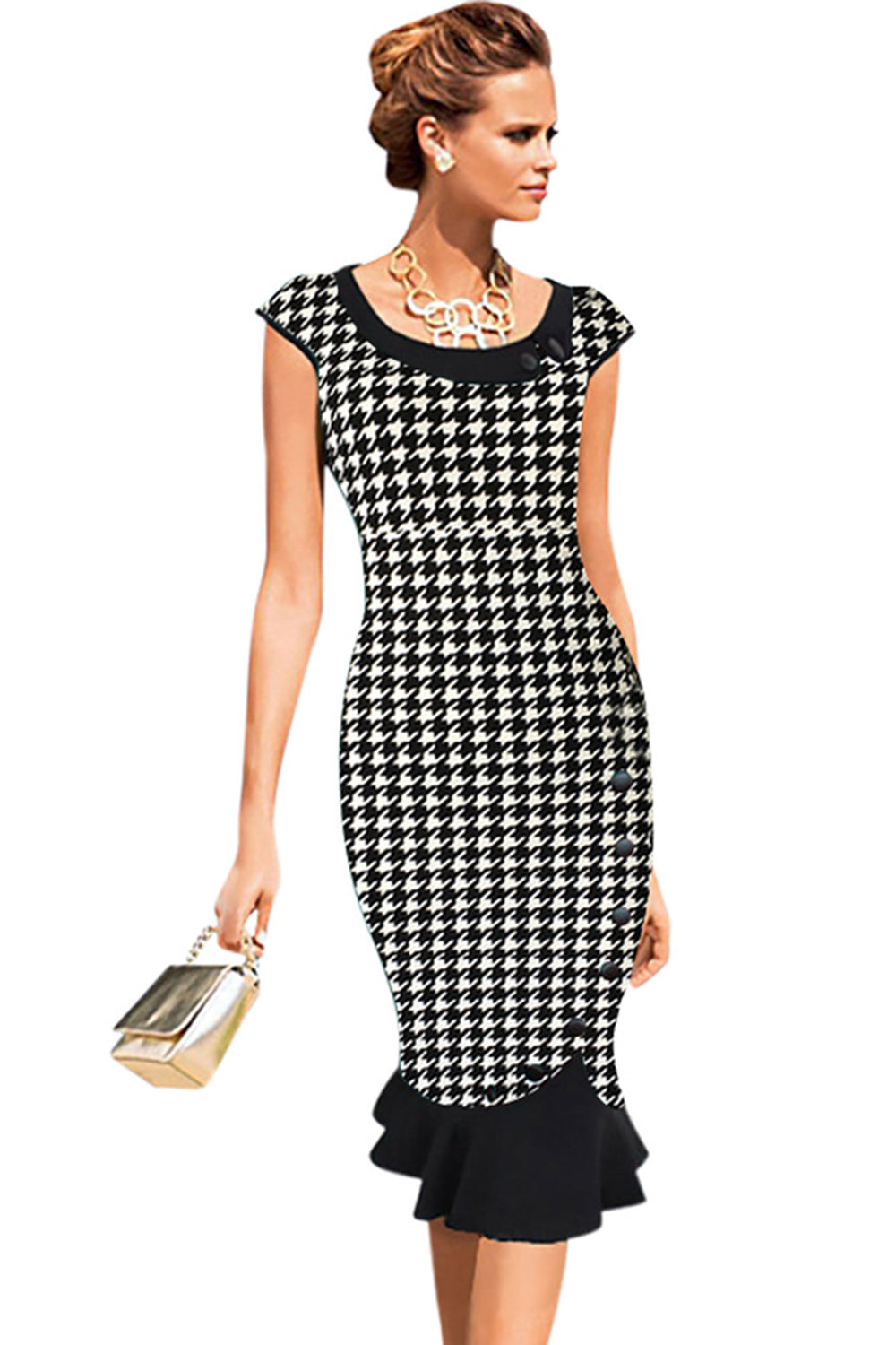 Ketty More Women Cup  Sleeves Plaid  Pattern Pencil Dress-KMWD369