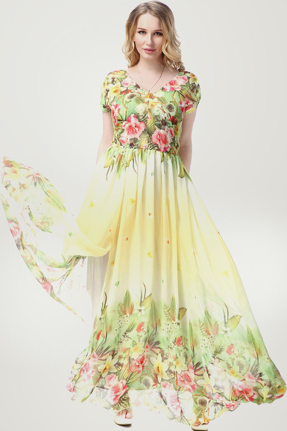 Ketty More Women Flower Blossom Short Sleeve Maxi Dress-KMWD396