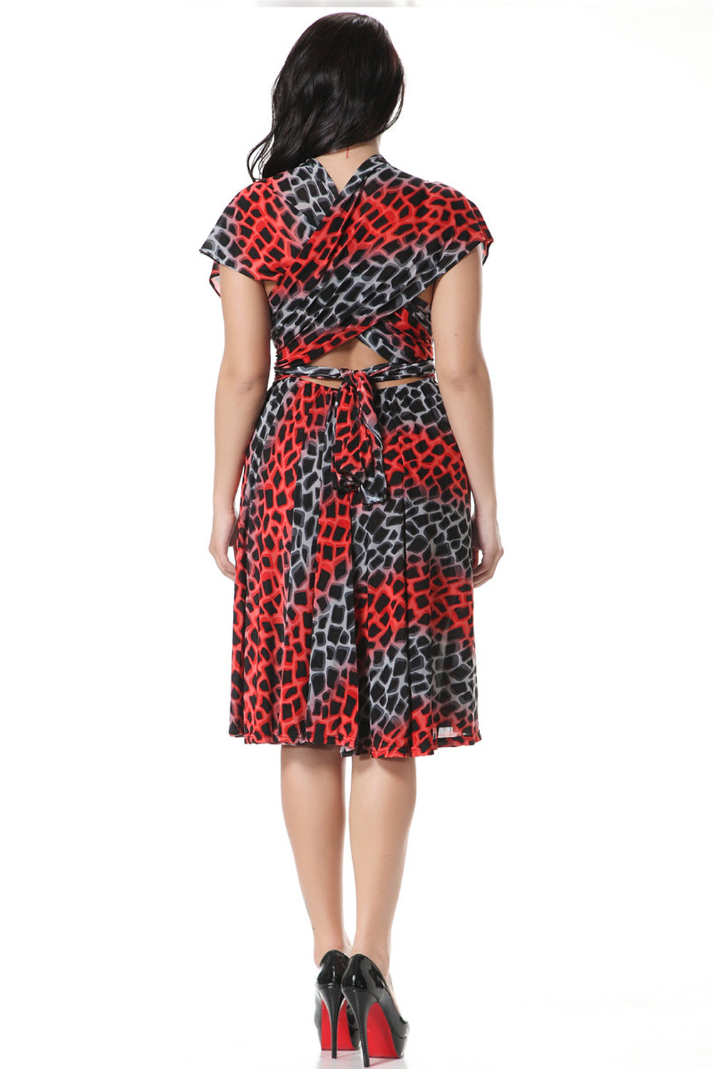Ketty More Women Stylish Printed Pattern Easy V-Neck Slim Fit Waist Summer Knee Length Fashionable Dress-KMWD383