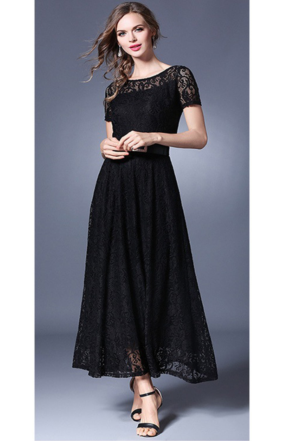 Ketty More Women Long Belt Fasten Lace Covered Party Dress-KMWD884