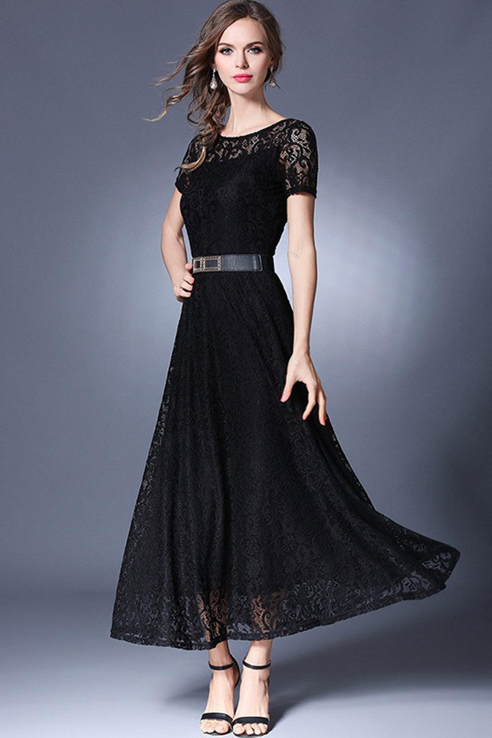 Ketty More Women Long Belt Fasten Lace Covered Party Dress-KMWD884