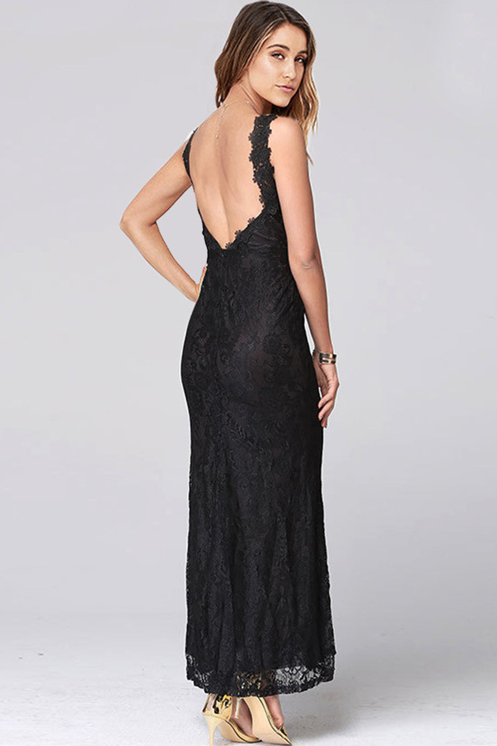 Ketty More Women Lace Designed Deep V-Neck Long Length Maxi Dress-KMWD449