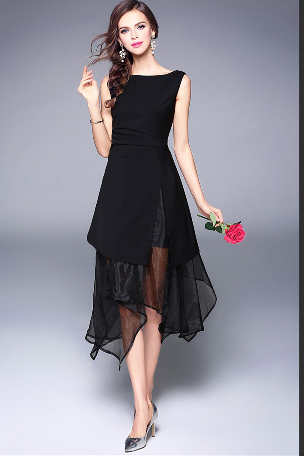 Ketty More Women Long Beautiful Irregular Shape Chiffon Dress Black-KMWD040