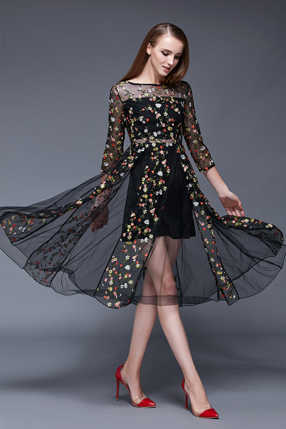 Ketty More Women Floral Embroidery Decorated Sheer Dress-KMWD883