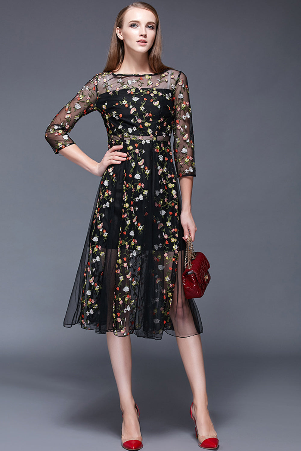 Ketty More Women Floral Embroidery Decorated Sheer Dress-KMWD883