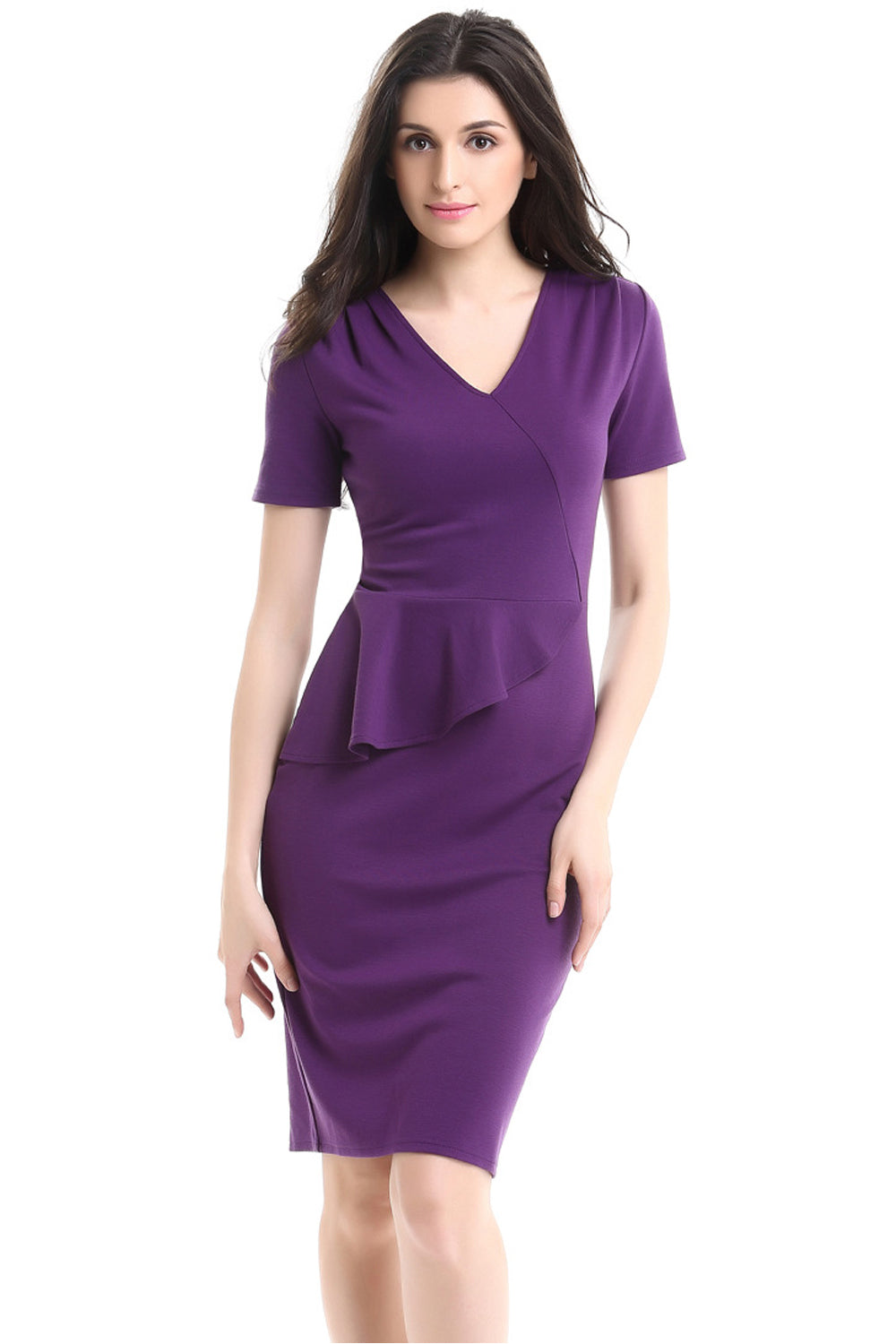 Ketty More Women Short Sleeves Fit Pencil Skirt Dress Purple-KMWD424