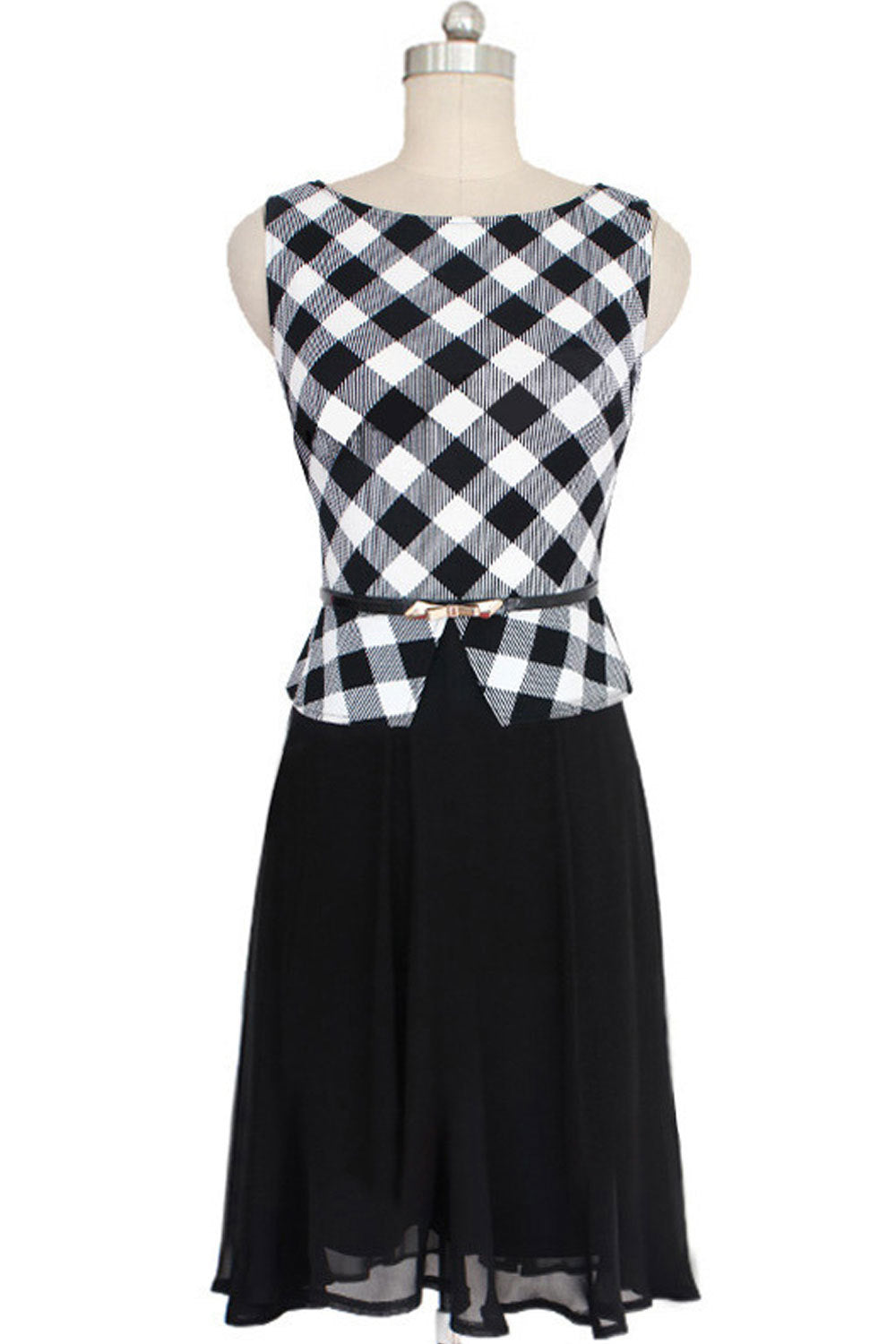 Ketty More Women Sleeveless Plaid Pattern Skirt Halter Chiffon Dress Black White-KMWD294