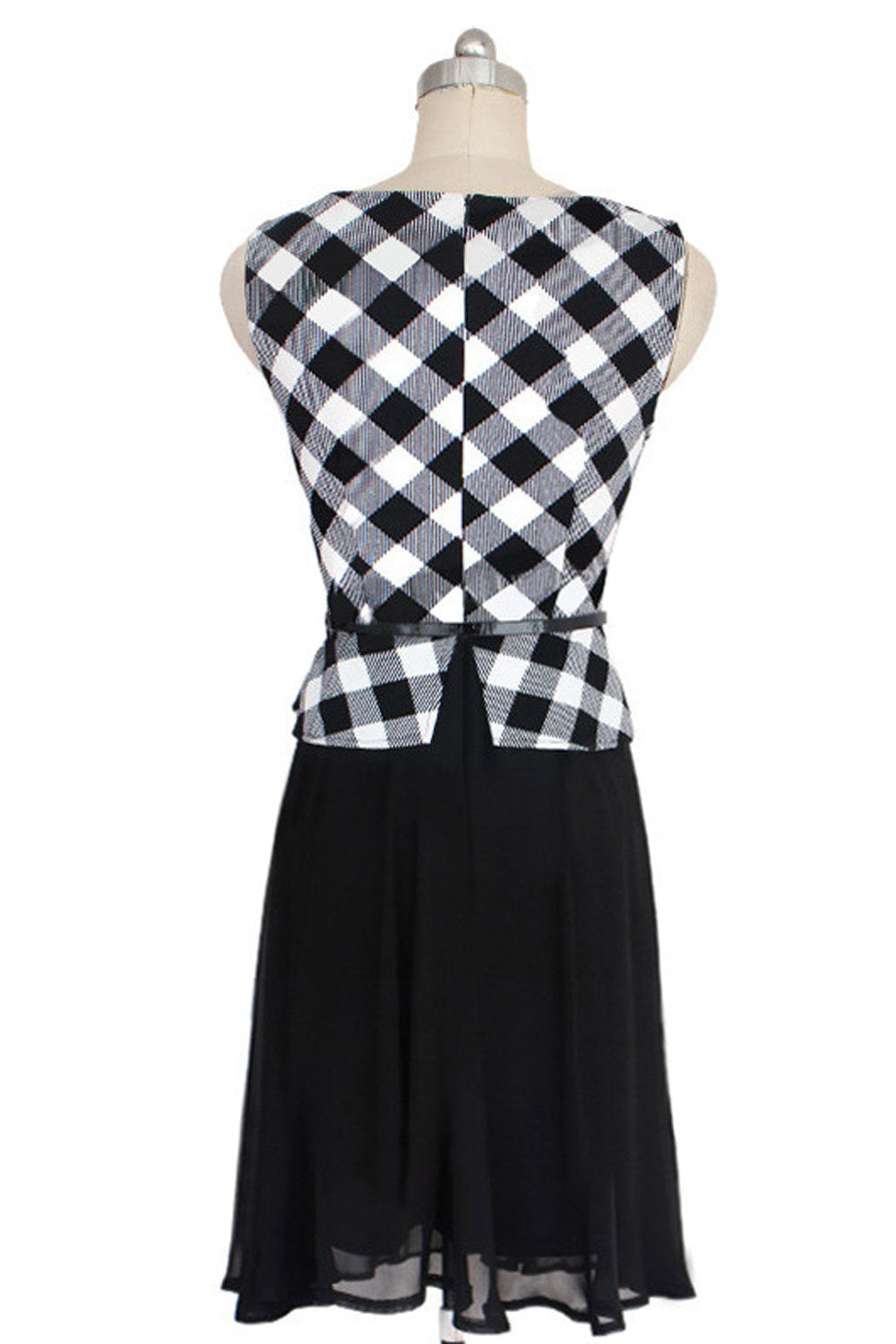 Ketty More Women Sleeveless Plaid Pattern Skirt Halter Chiffon Dress Black White-KMWD294