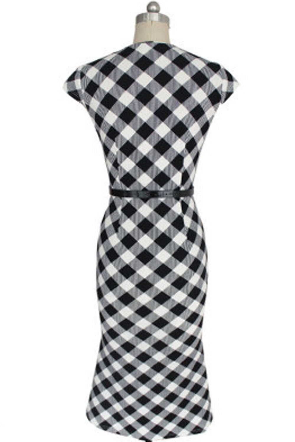Ketty More Women Slim V-Neck Collar Neck Plaid Dress Decorated With Buttons Black-KMWD309