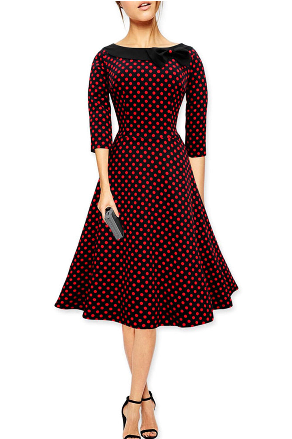Ketty More Women Round Neck With Bow Full Doted Halter Dress Black With Red Dots-KMWD274