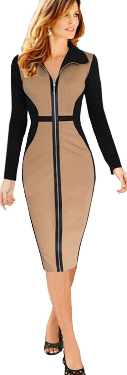 Ketty More Women Long Sleeves Collar Shirt Long-Zipper Bodycon Winter Dress-KMWD225