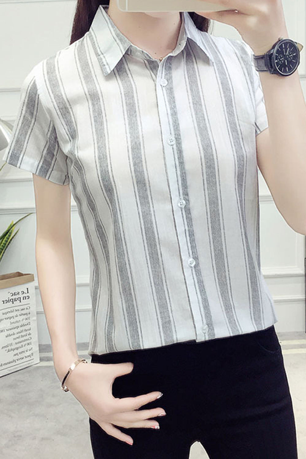 Women Breathable Short Sleeve Button Closure Stripe Pattern Shirt - WSB95426