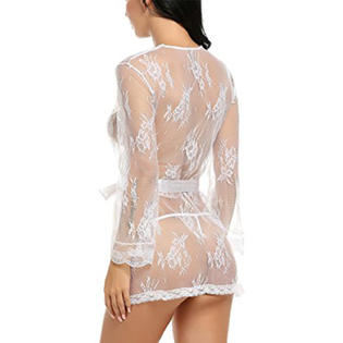 Ketty More Women Long Sleeve Beautiful Lace Pattern Above Knee Belt Waist See Through Nightwear Lingerie-KMWL114