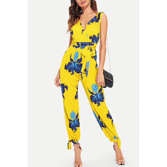 Ketty More Women Tie Strap V-Neck Floral Printed Long Jumpsuit-KMWDC63526