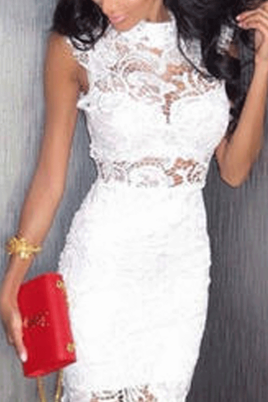 Ketty More Women's High Neck Sleeveless Short Length Lace Dress Without Bra White-KMWD087