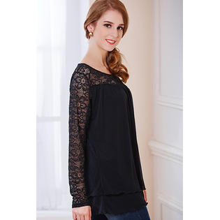 Ketty More Women Round Lace Trim Floral Neck Casual Blouse-KMWSB848