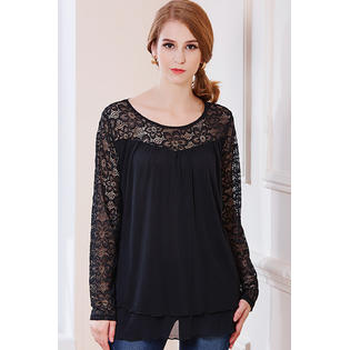 Ketty More Women Round Lace Trim Floral Neck Casual Blouse-KMWSB848