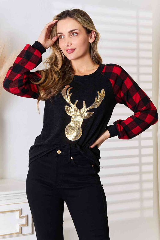 Women's Heimish Full Size Sequin Reindeer Graphic Plaid Top