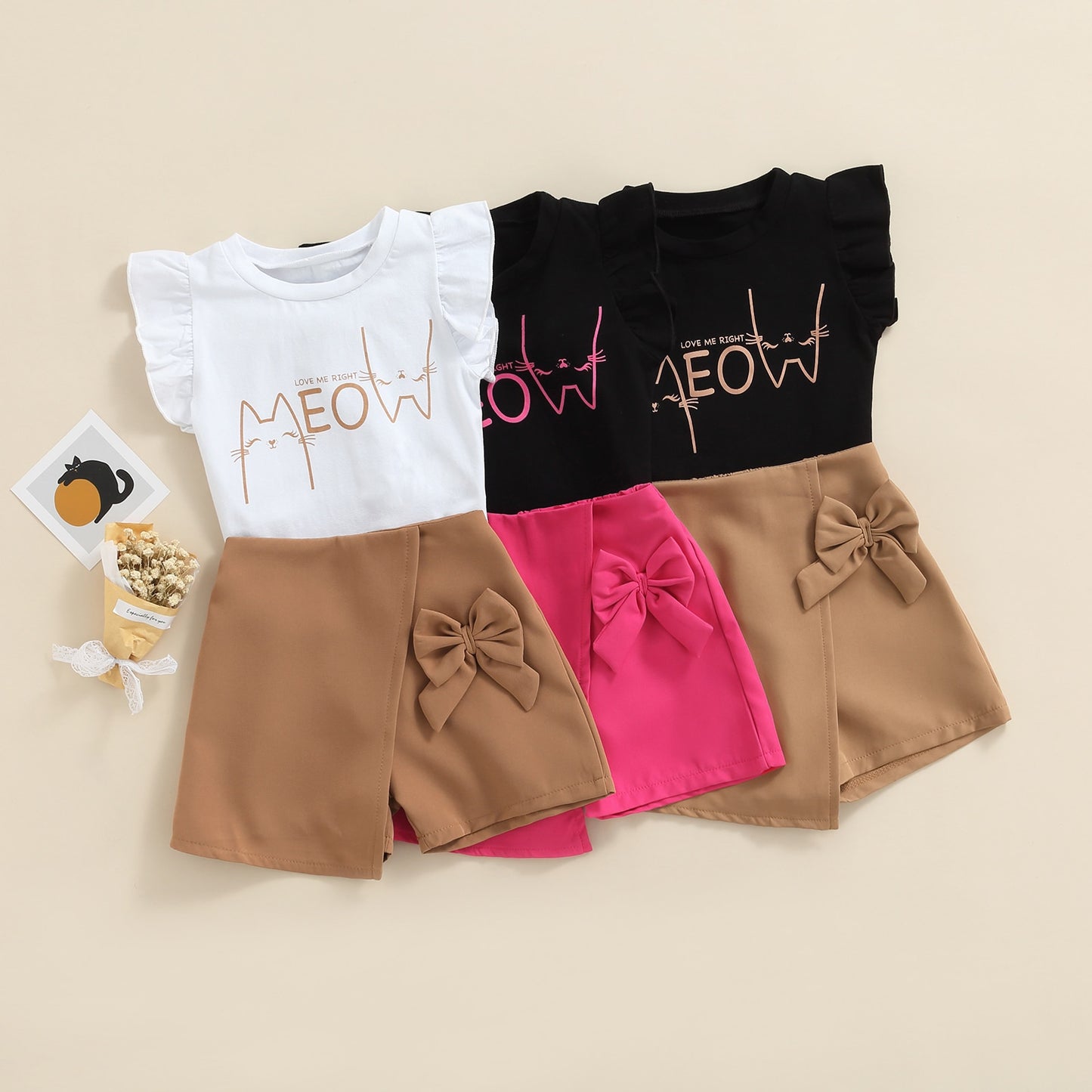 Baby Girls Fashion Clothes Sets Summer Letter Short Sleeve Tops Bowknot Shorts 2pcs Outfits - BTGO8382