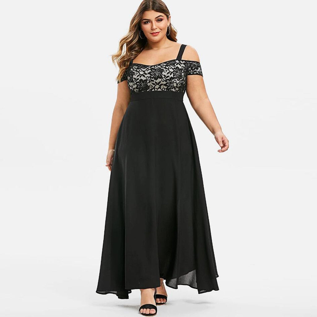 Women Plus Size Off Shoulder Maxi Dress Floral Lace Ruffle Summer Long Dresses - WD8184