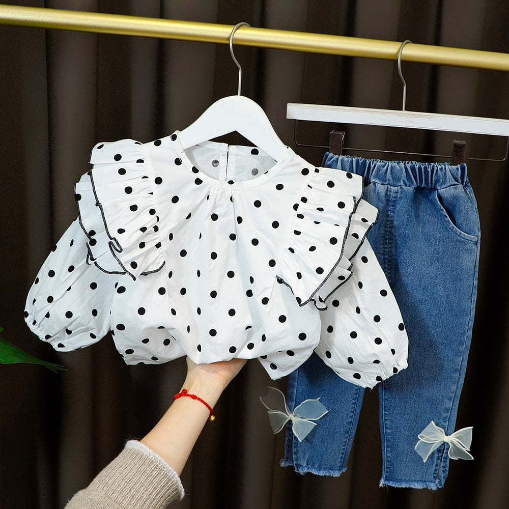 Baby Girl Outfit Set Fashion Dot Lace Collar + Long Denim Bows Trousers - BTGO8411