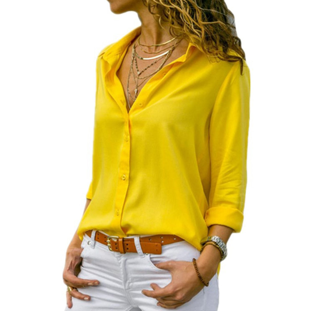 Women Yellow Chiffon Blouse Autumn Long Sleeve Button Shirt  Shirt Blouse - WSB8520