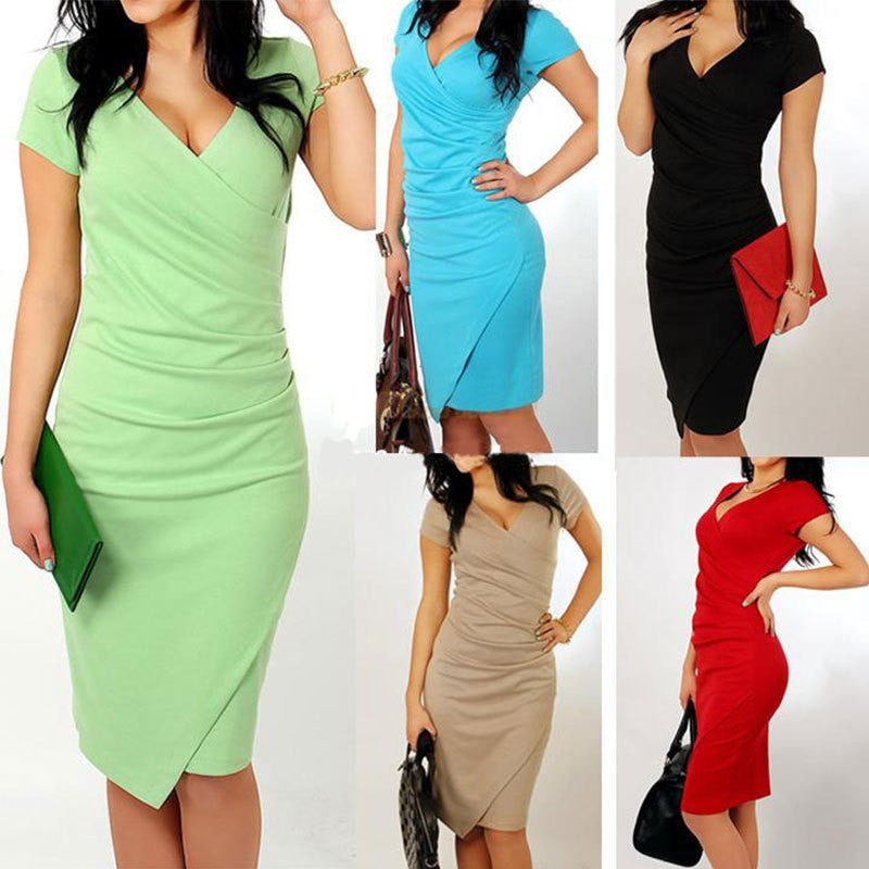 Women V-Neck Slim Dress office lady Solid Color Summer bodycon dresses - WD8116